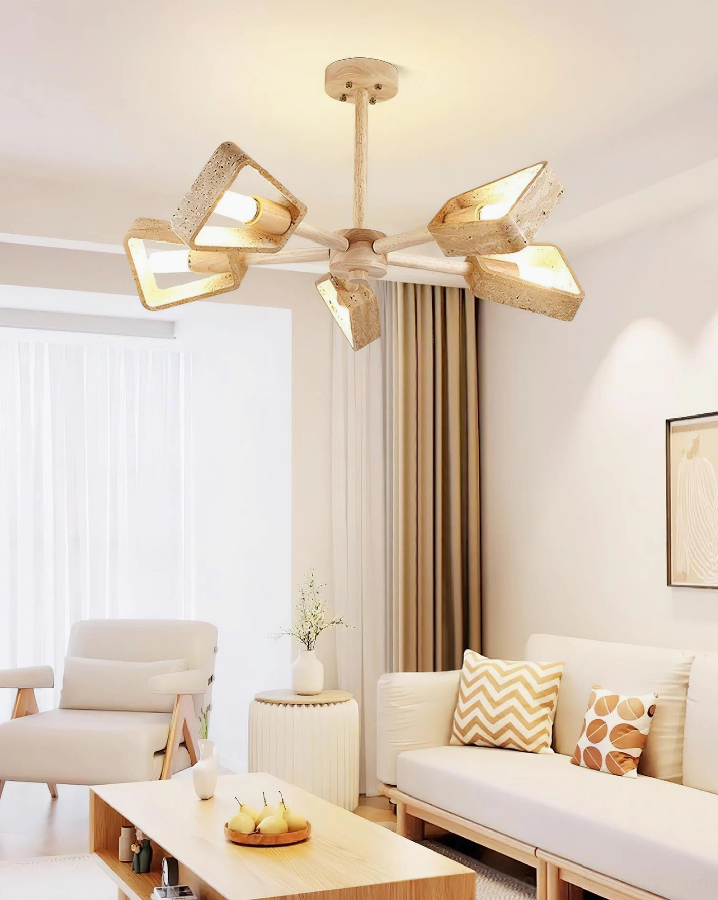 Quadra travertine chandelier pendant light showing organic material beauty and craftsmanship