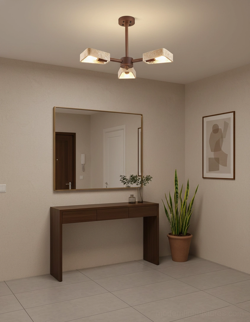 Quadra modern chandelier fixture showing sculptural design and natural stone material composition