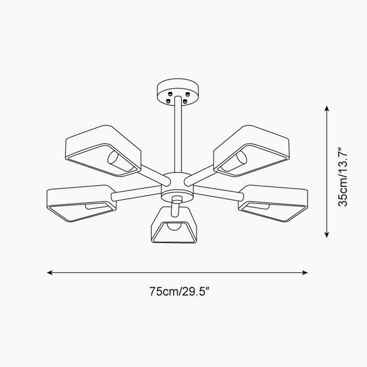 Quadra modern chandelier orthographic technical drawing showing dimensions and configuration