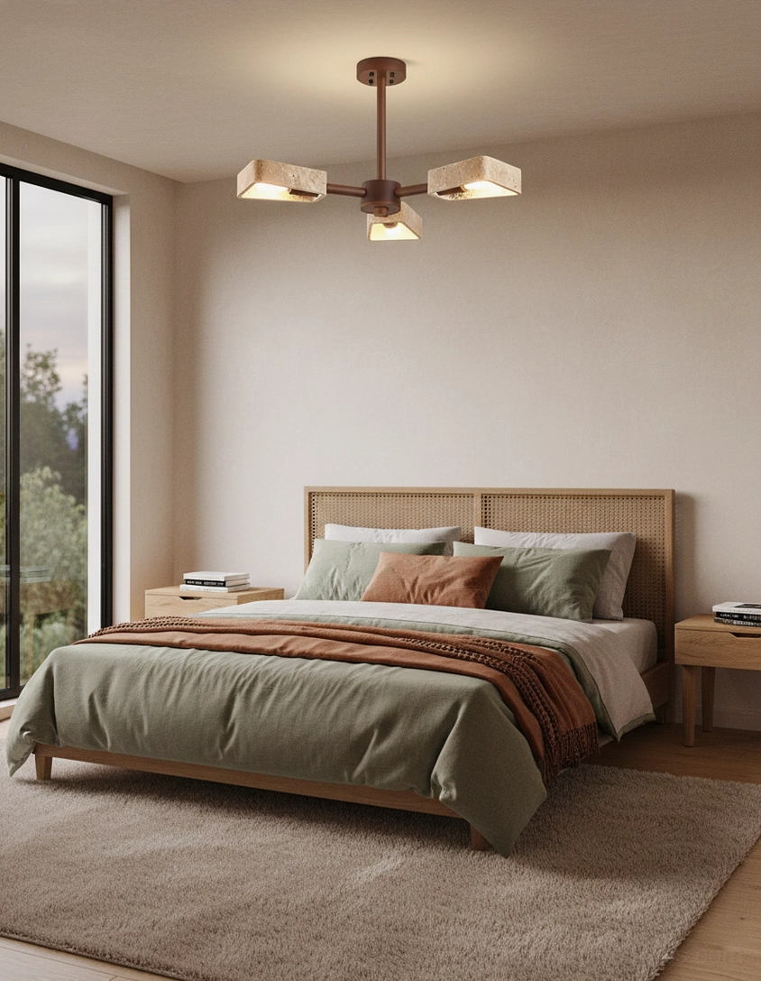 Quadra travertine chandelier contemporary pendant fixture detail showing natural stone texture