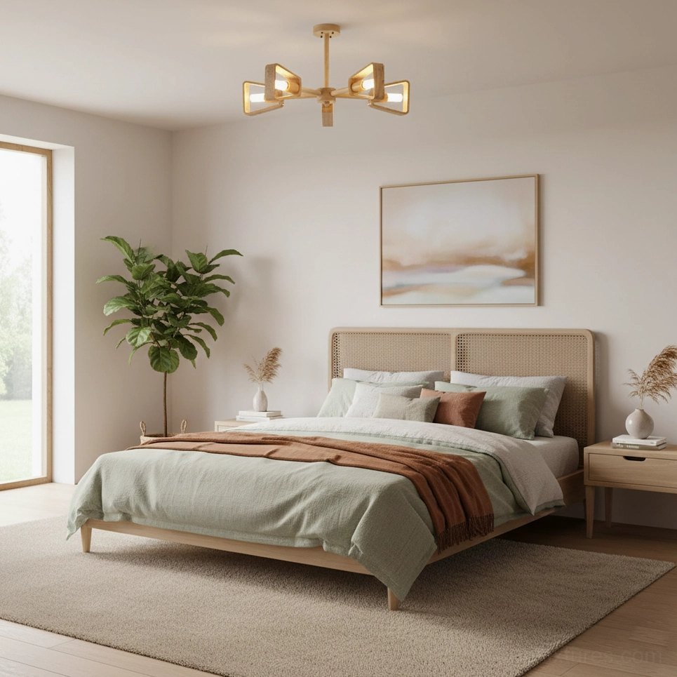 Quadra travertine chandelier multi-head pendant showing warm diffused lighting through stone