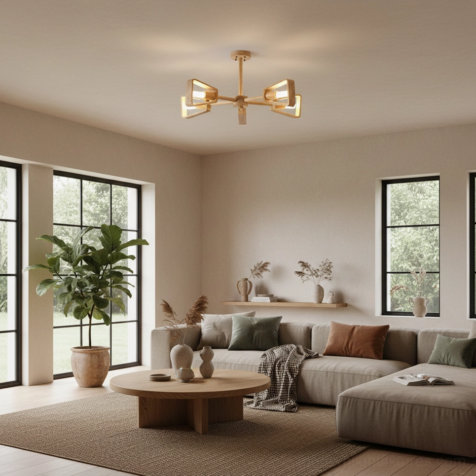 Quadra modern sculptural chandelier showing wood grain frame and asymmetrical shade arrangement
