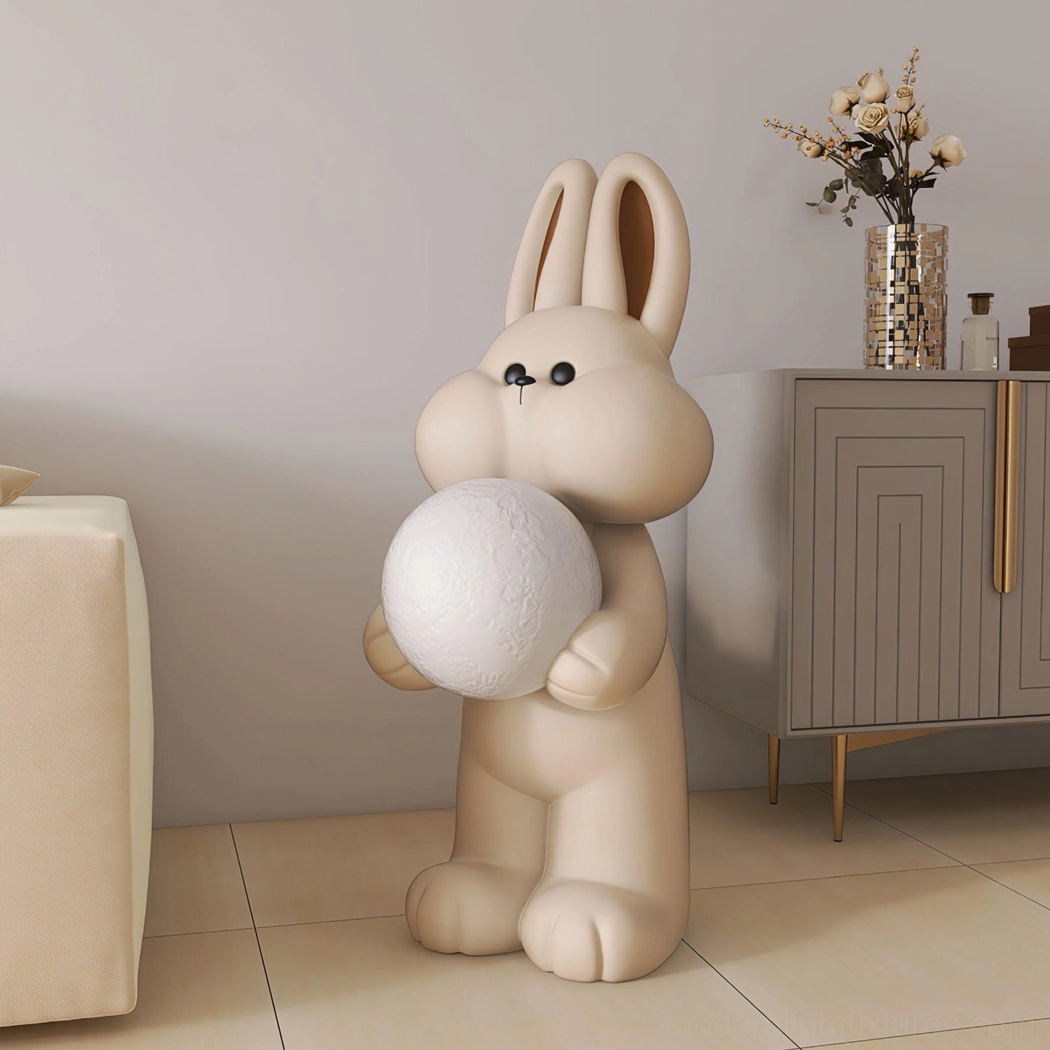 Whimsical rabbit floor lamp adding playful artistic accent to contemporary minimalist home interior