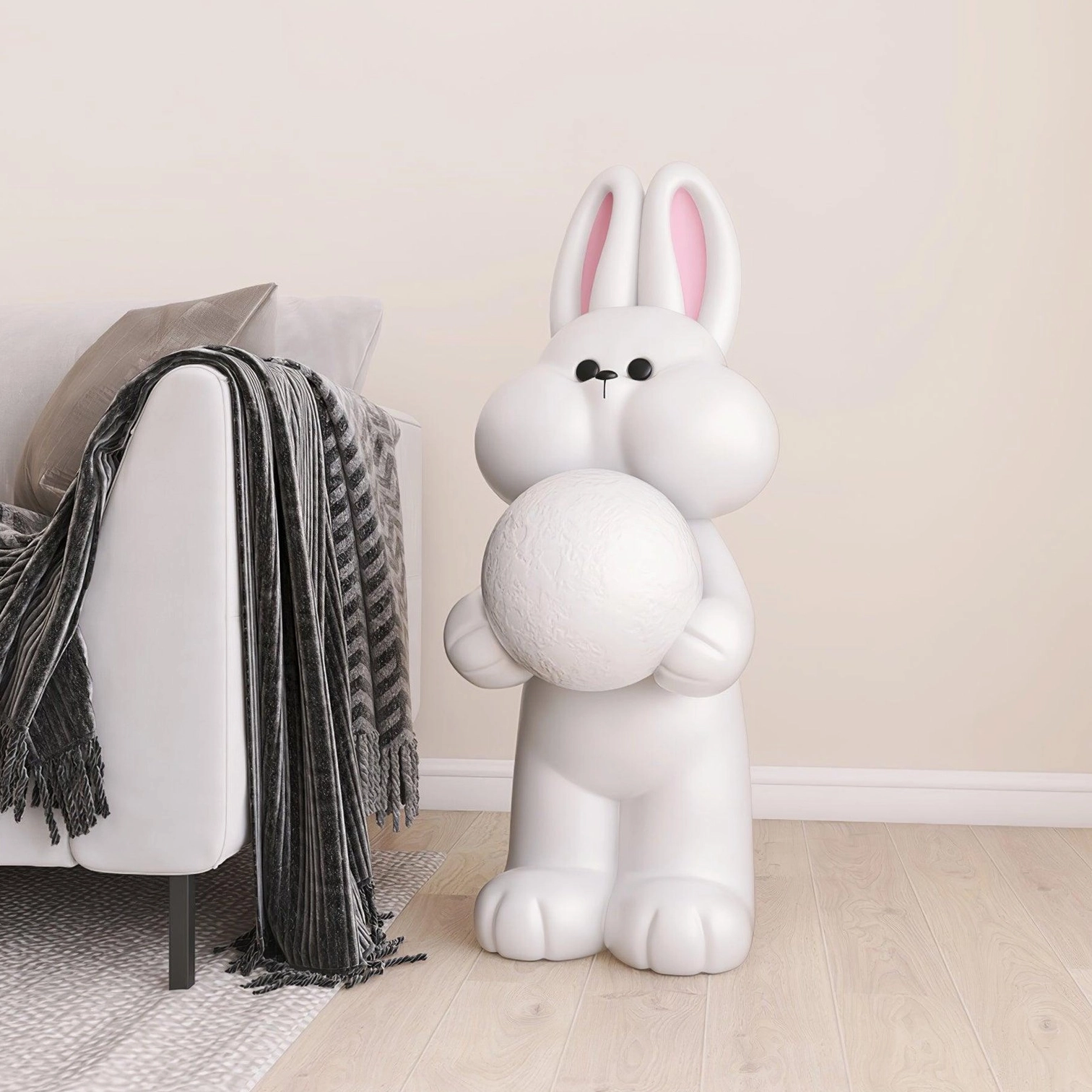 Cute rabbit floor lamp detail shot showing matte resin texture and quality craftsmanship artistry