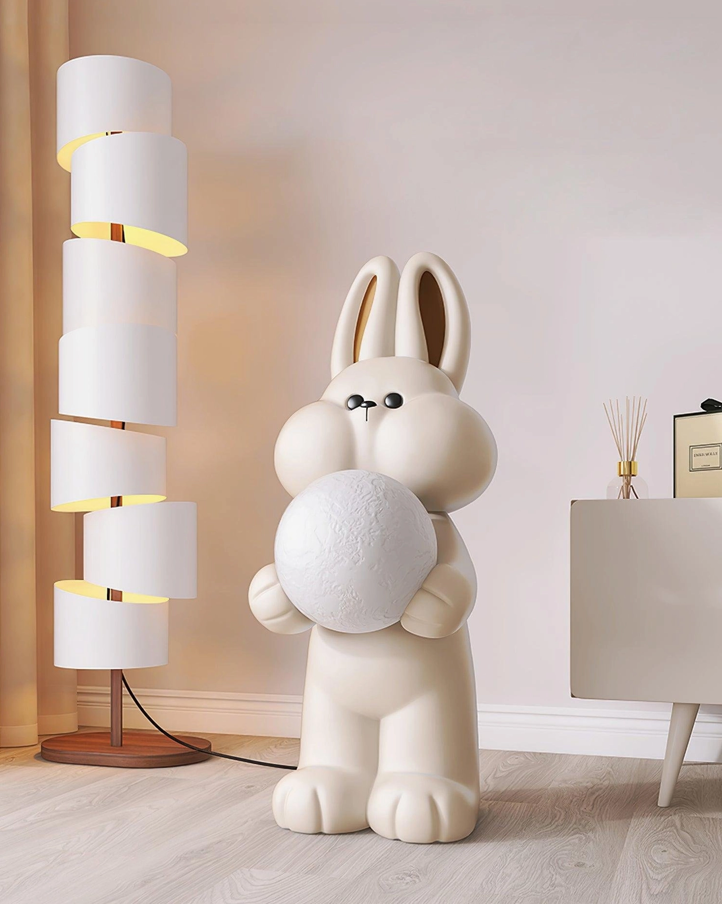 Artistic rabbit floor lamp positioned in minimalist living room beside tall spiral floor lamp side perspective view