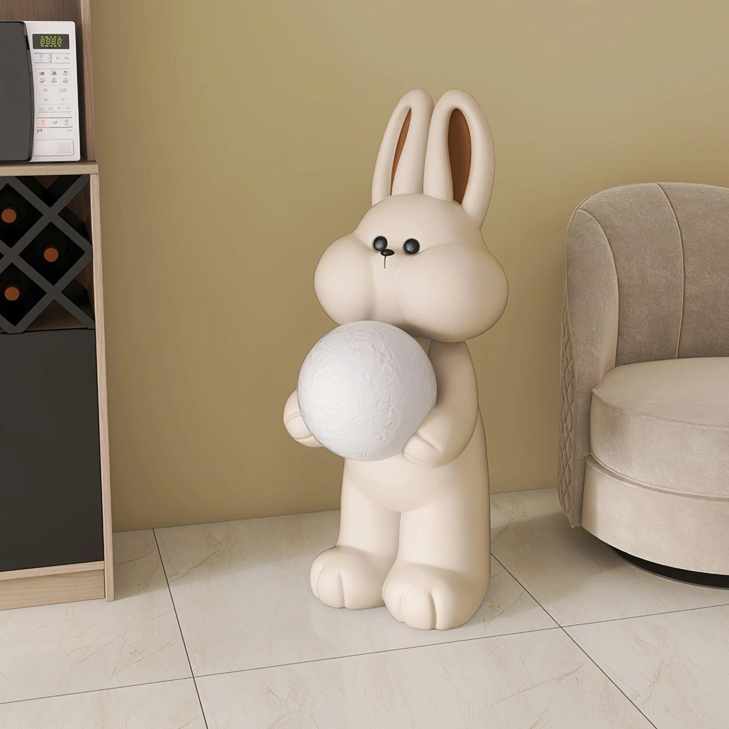 Decorative rabbit floor lamp showing pink inner ear accents and sculptural bunny design form