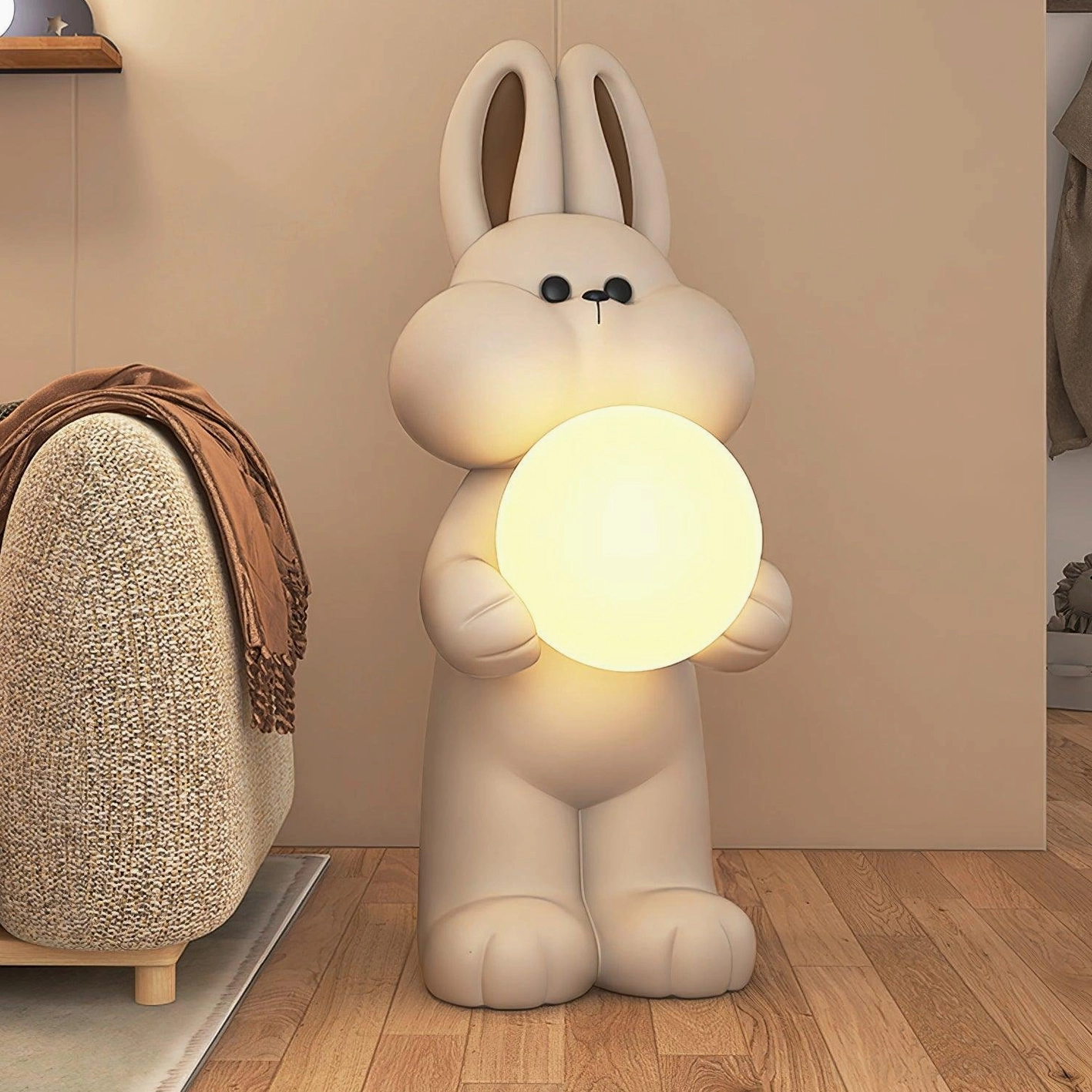 Color-changing rabbit floor lamp illuminated with warm yellow ambient light in cozy living room with fabric sofa
