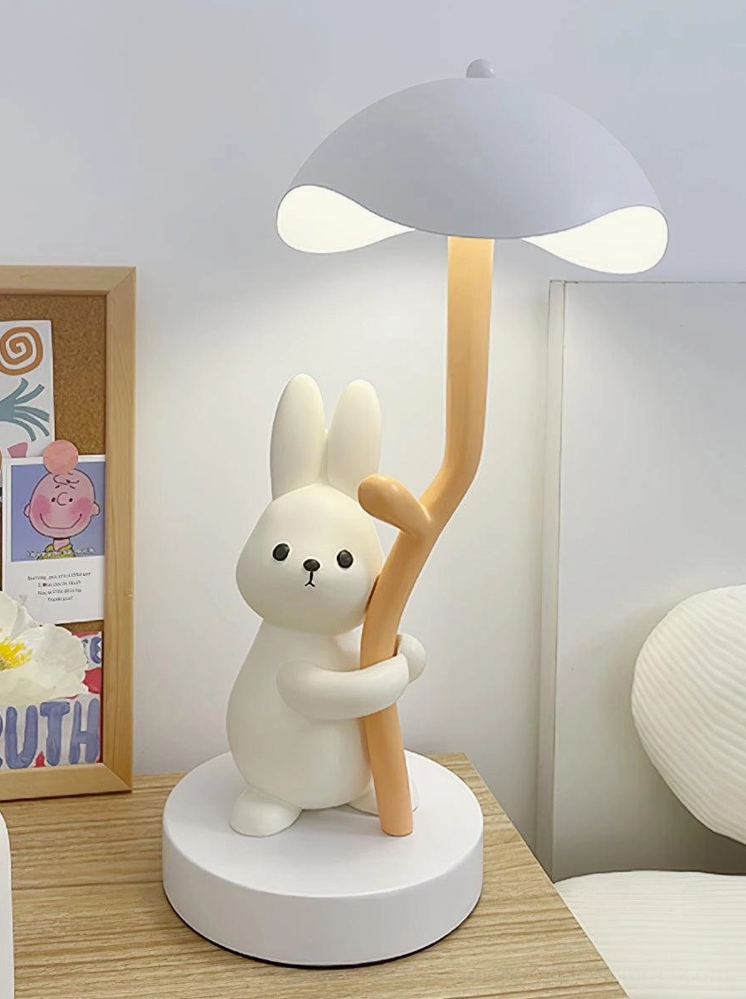 Rabbit hug table lamp in modern minimalist bedroom interior design style