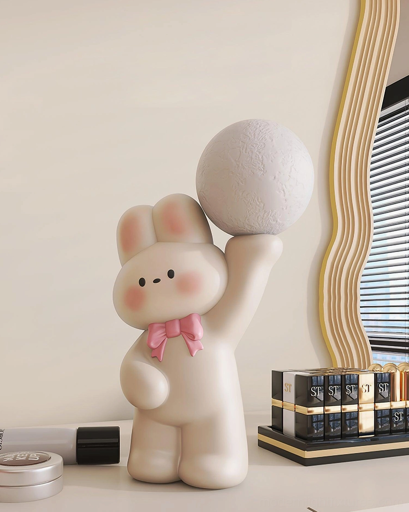 Cute rabbit lamp with pink bow on vanity countertop - soft interior decor accent light