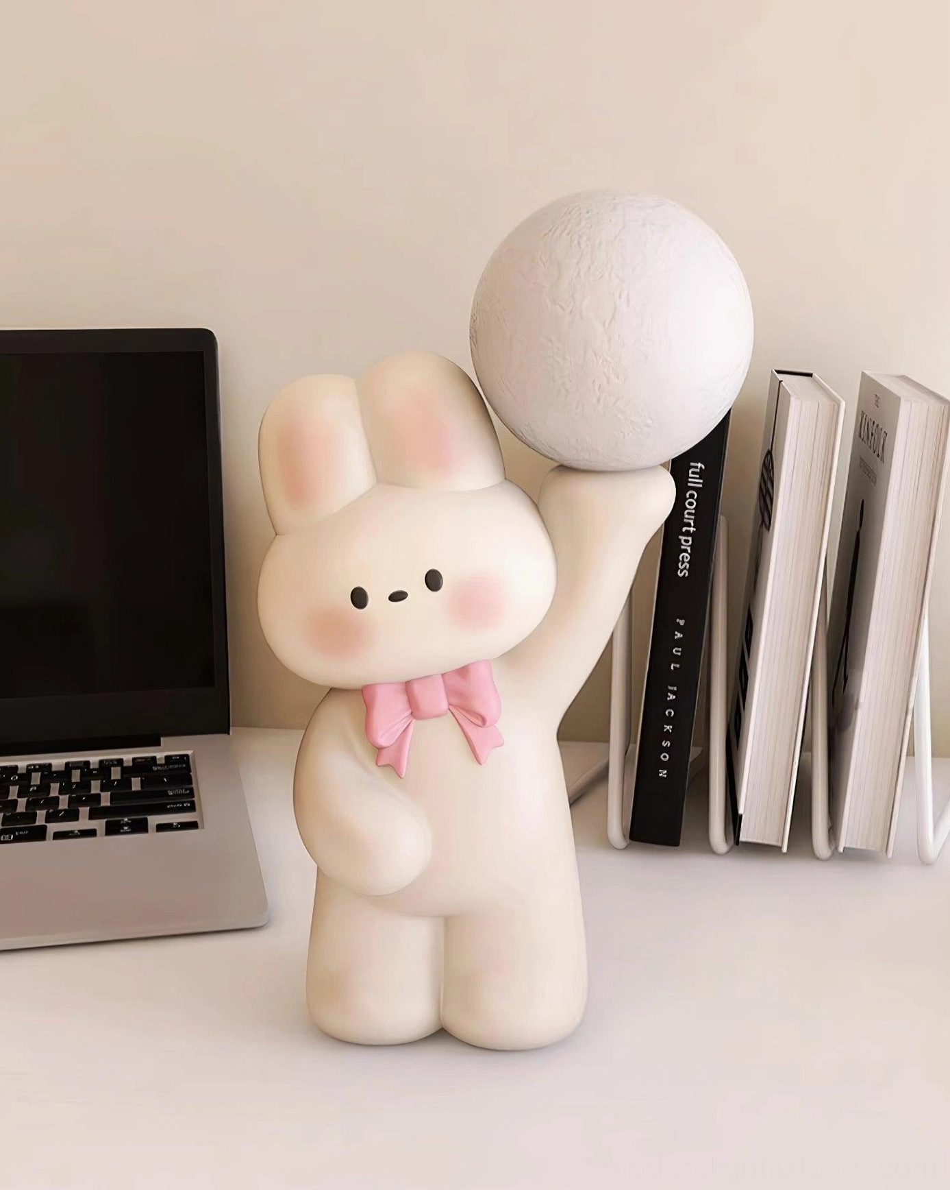 Rabbit table lamp with pink accent detail - modern decorative lamp for home office and nursery