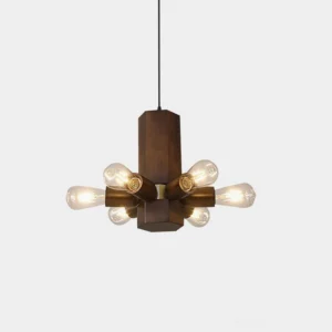 Radia 6-head wood pendant chandelier with exposed bulbs in walnut finish with brass accents, overhead studio view