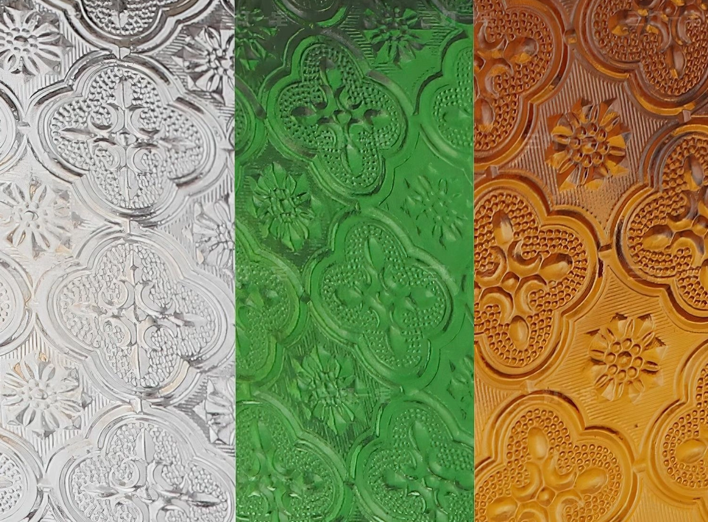 Radia ceiling fixture color variations featuring clear, green, amber, and walnut stained glass options with wood frame