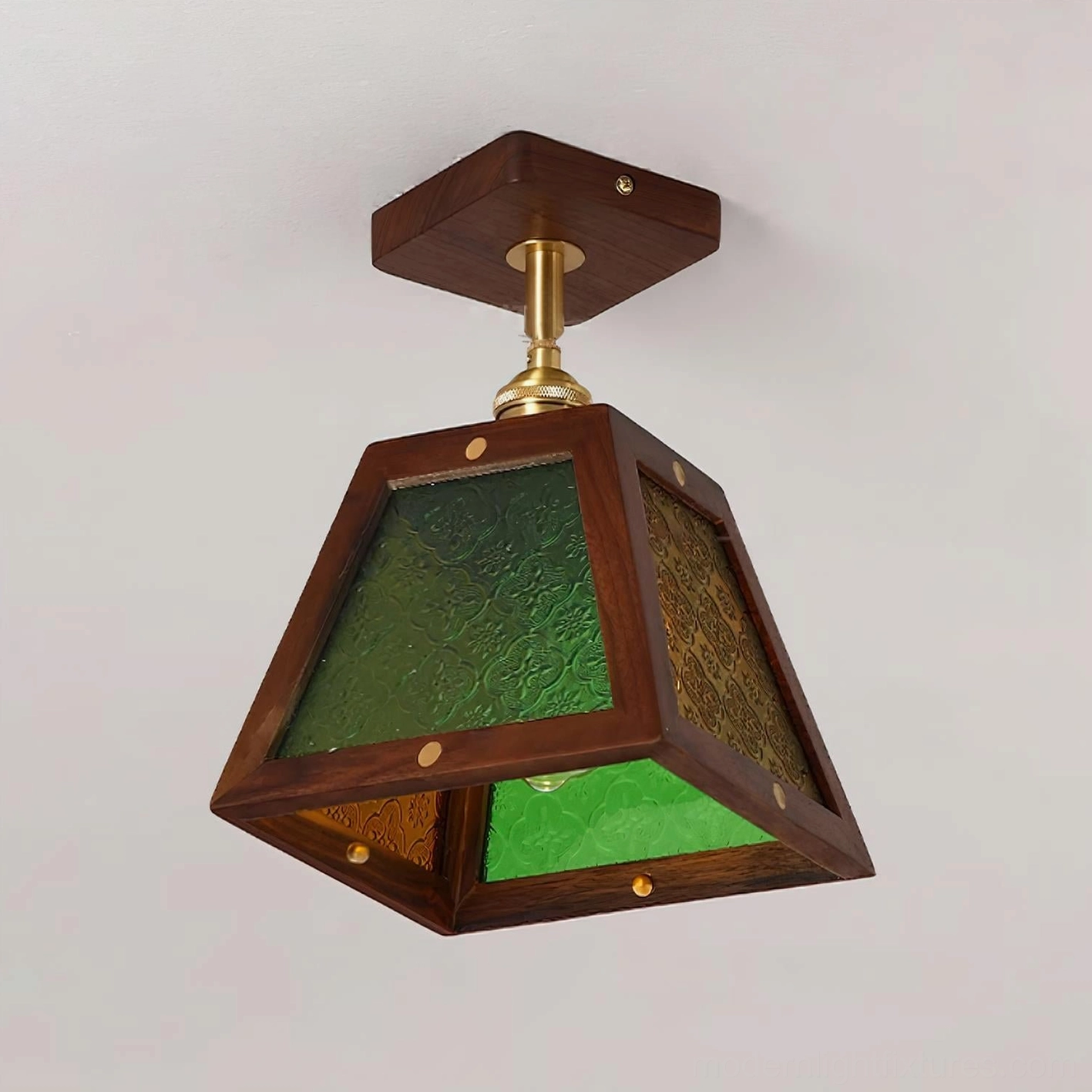 Radia stained glass ceiling lamp product detail showing wood craftsmanship, glass panel texture, and brass accent hardware