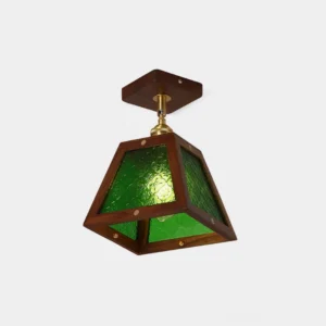 Radia trapezoid stained glass ceiling light fixture with dark wood frame and brass accents, front overhead studio view