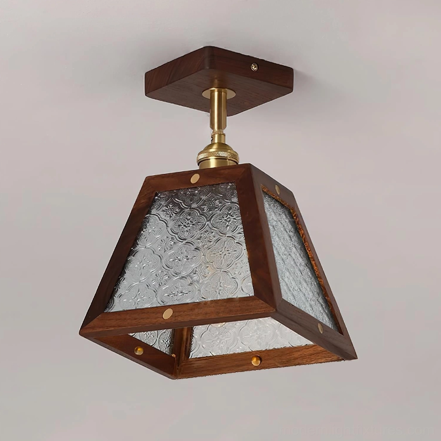 Radia trapezoid stained glass ceiling light fixture showcasing geometric vintage-inspired design and warm ambient illumination