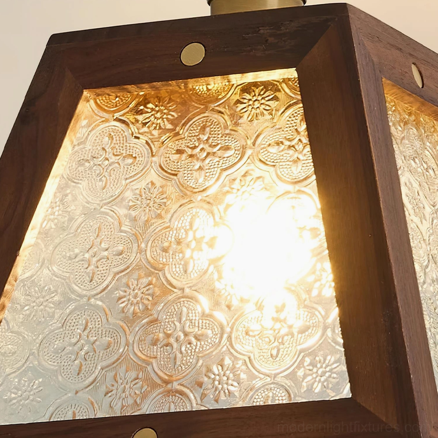Radia trapezoid stained glass ceiling light showing full product assembly with brass connectors and wooden canopy