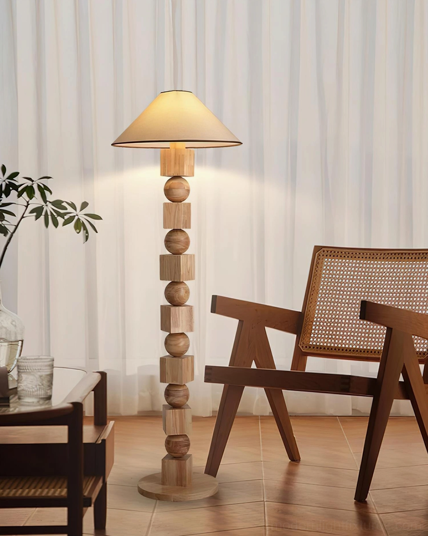 Radian sculptural wooden floor lamp detail view showing alternating geometric wood spheres and cube construction in natural or walnut finish