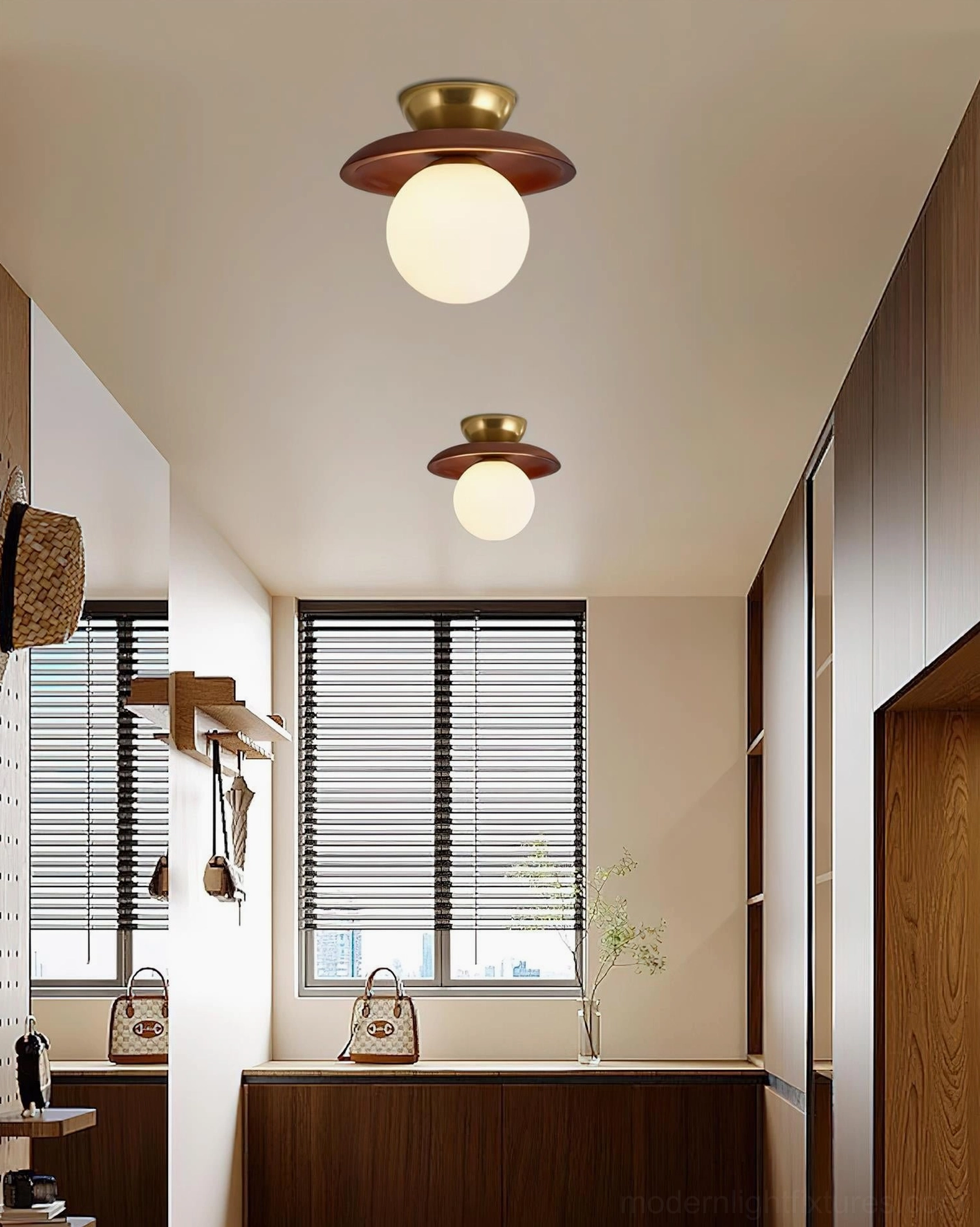 Dual Radiora mid-century ceiling lights installed in residential corridor creating cohesive warm lighting design