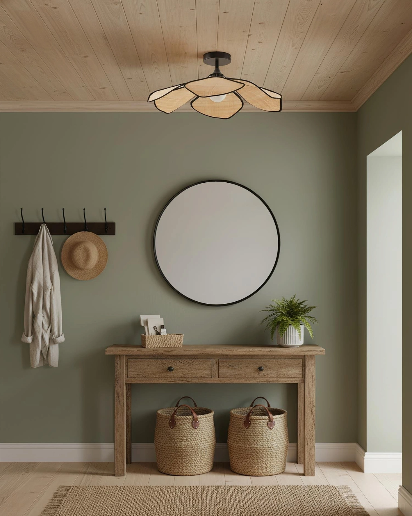Handwoven raffia petal ceiling light fixture detail showing natural fiber construction, woven texture, and black metal frame joinery