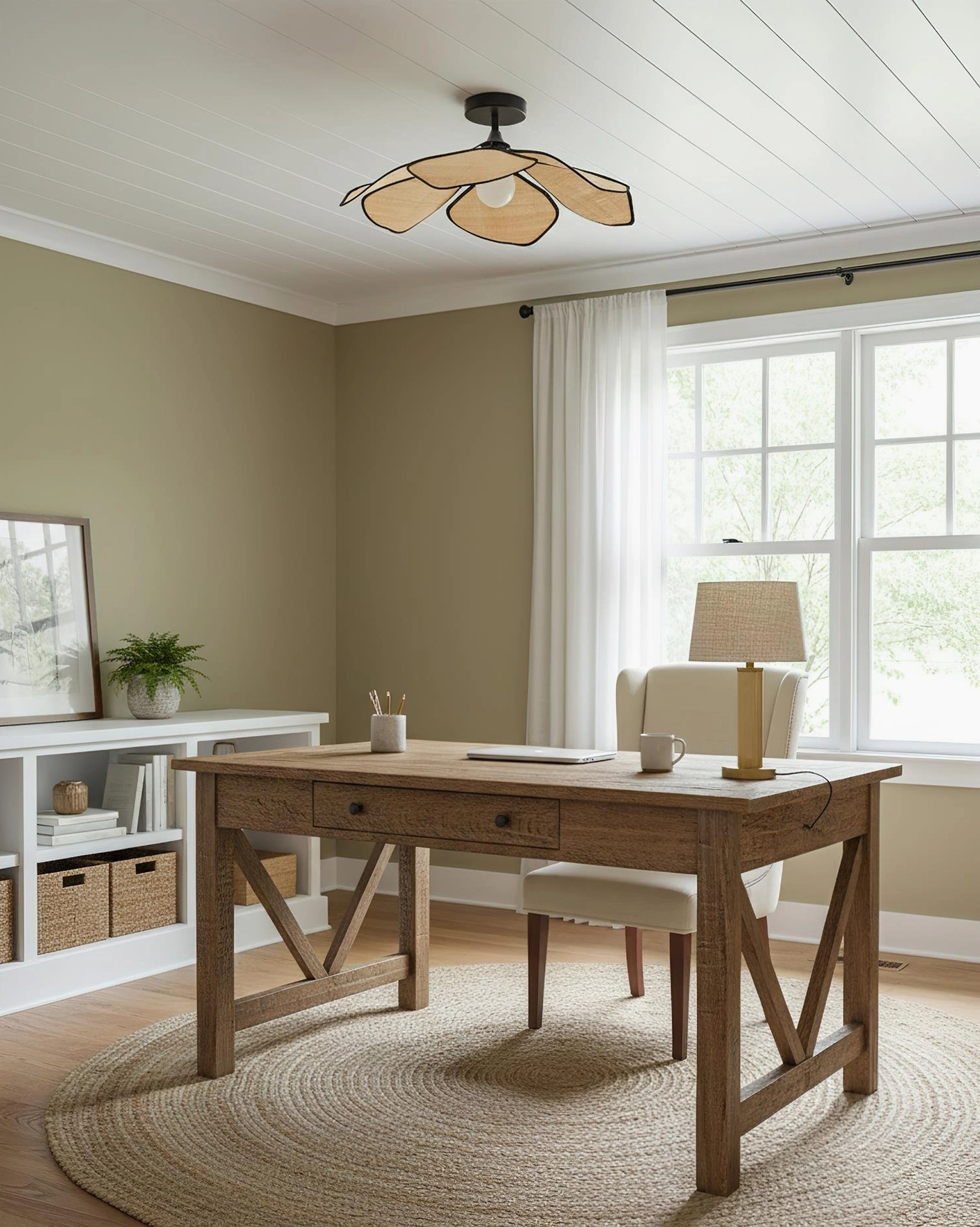 Raffia petal ceiling light installed in farmhouse home office with shiplap ceiling and rustic bohemian decor, warm natural illumination