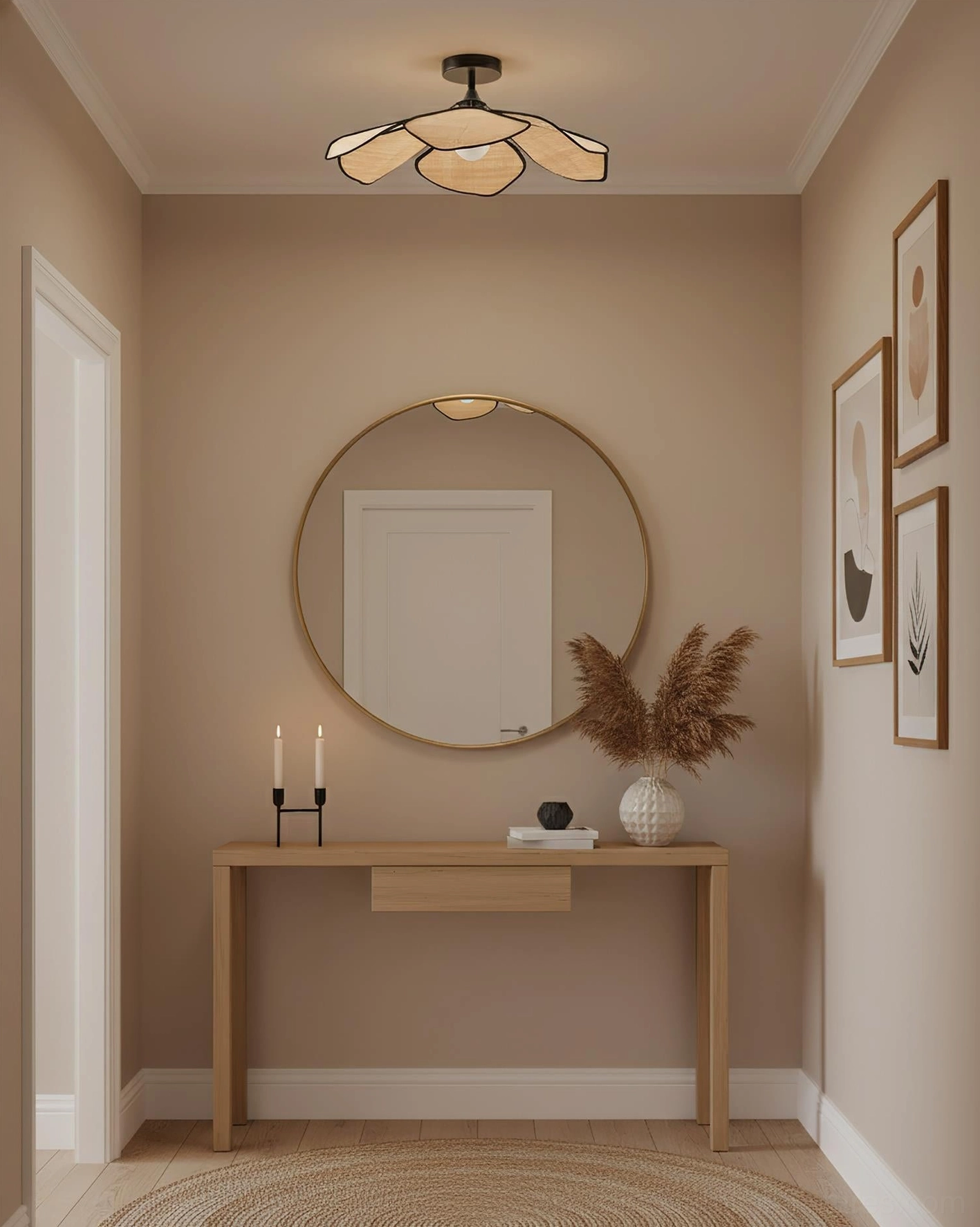 Closeup detail of handwoven natural raffia petal shades with bold black metal frame on semi-flush ceiling light fixture