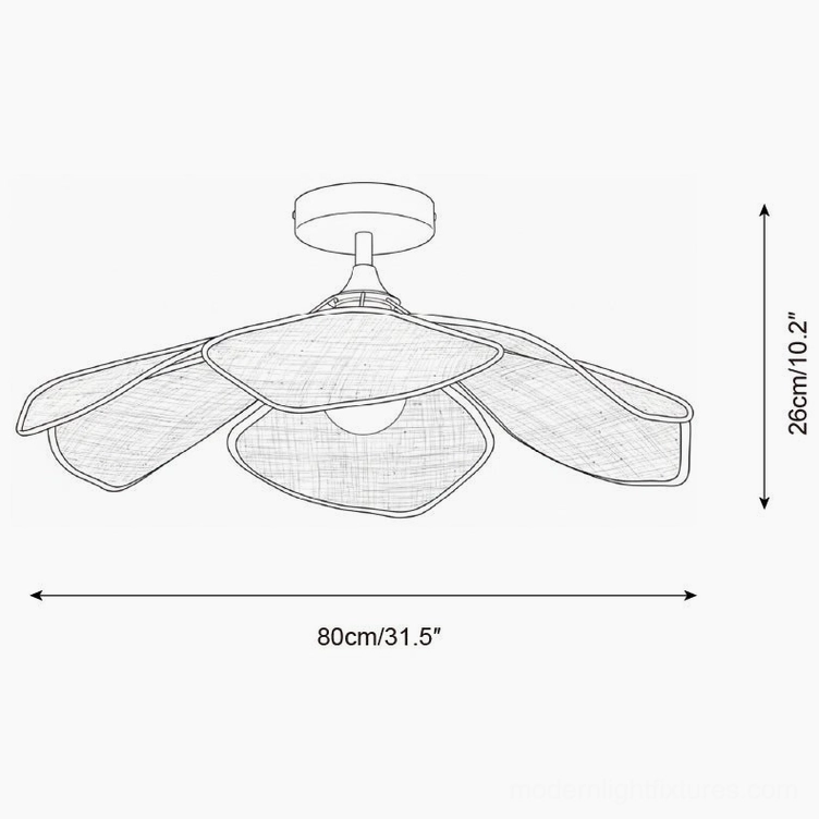 Technical schematic and dimensional diagram of large raffia petal ceiling light, 80cm diameter by 26cm height (31.5 inches by 10.2 inches)