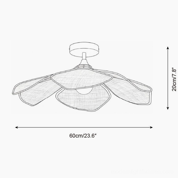 Technical schematic and dimensional diagram of medium raffia petal ceiling light, 60cm diameter by 20cm height (23.6 inches by 7.8 inches)