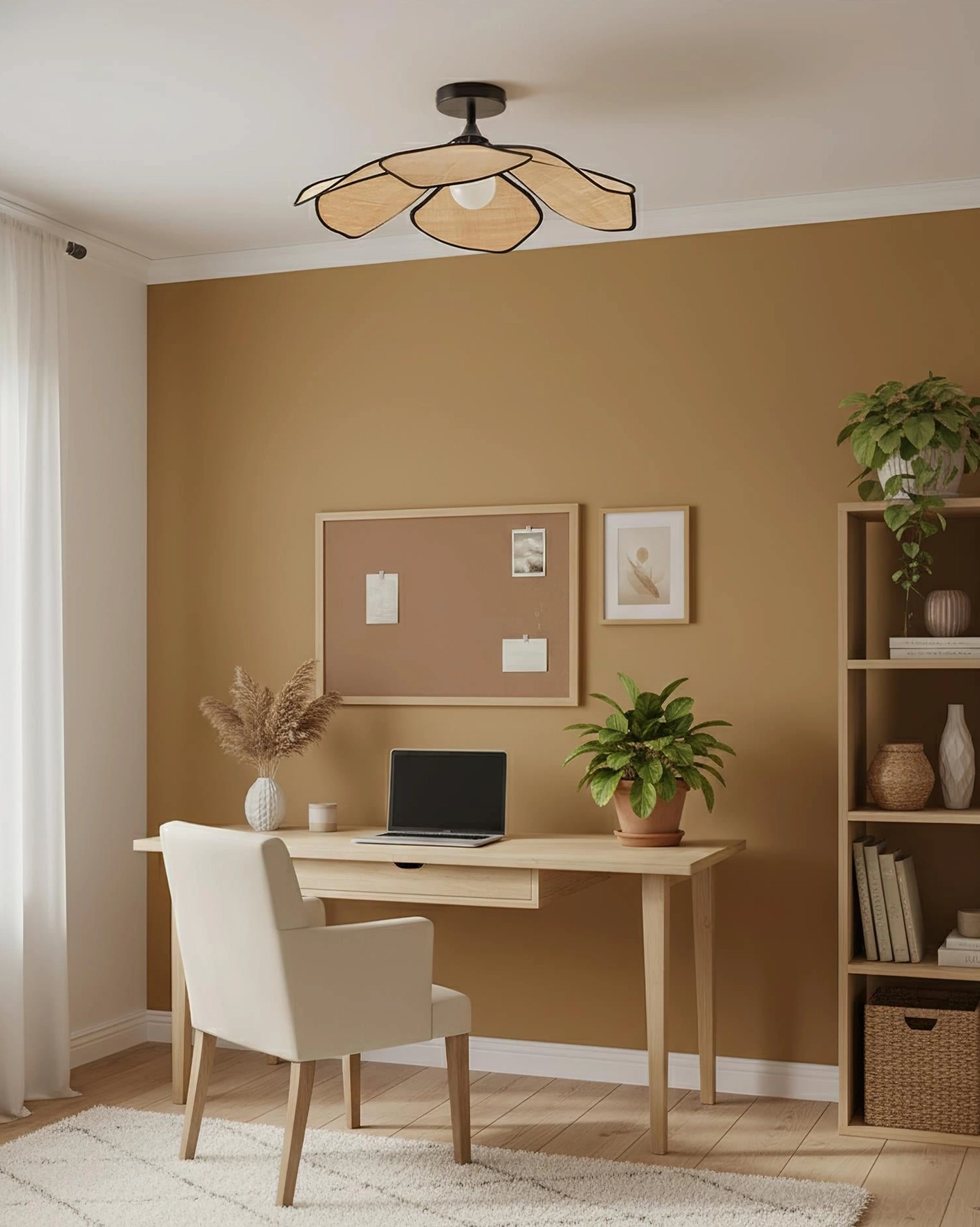 Natural fiber raffia petal semi-flush ceiling light in minimalist home office with earthy bohemian styling and clean modern aesthetic