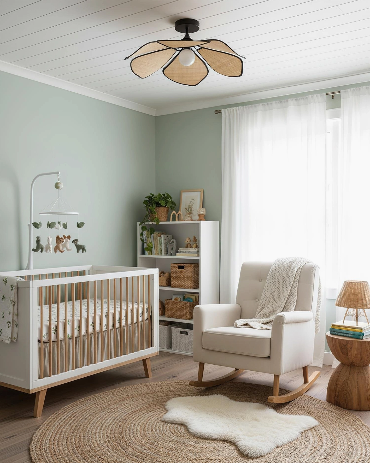Handwoven raffia petal ceiling light installed in bohemian nursery bedroom with warm neutral color palette and soft ambient illumination