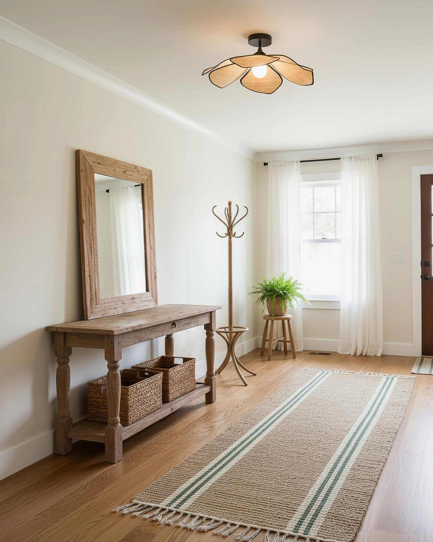 Artistic overhead shot of raffia petal ceiling light showing petal arrangement and geometric frame composition in natural light