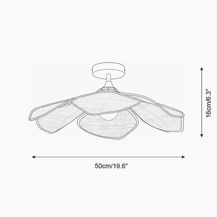 Technical schematic and dimensional diagram of small raffia petal ceiling light, 50cm diameter by 16cm height (19.6 inches by 6.3 inches)