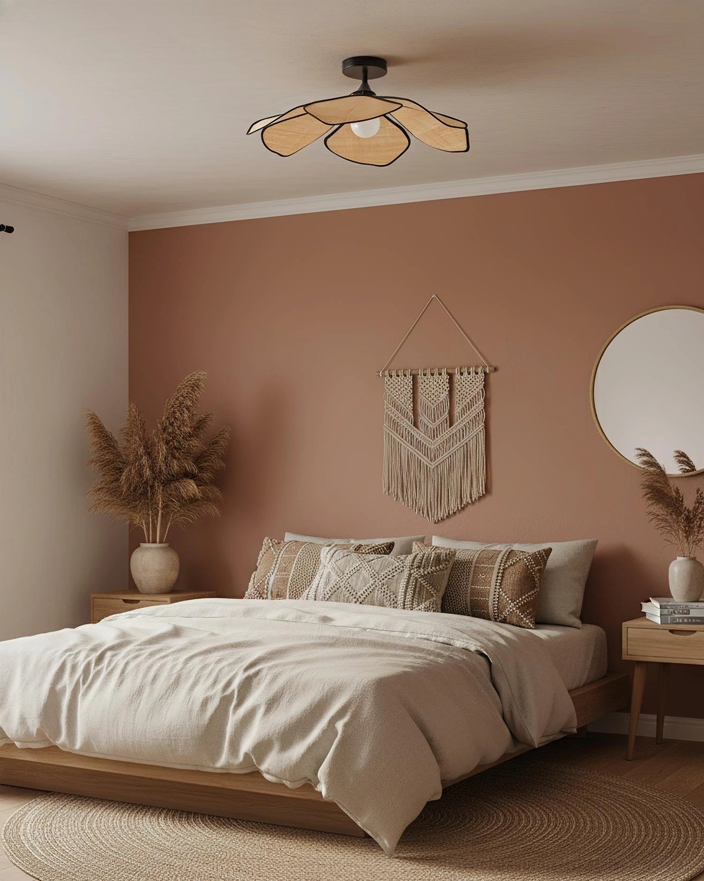 Raffia petal ceiling light casting warm diffused illumination with shadow play across wall surface, contemporary natural fiber design