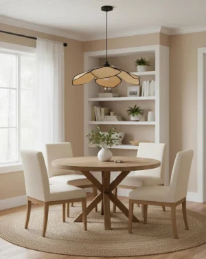 Raffia petal pendant light hanging over wooden dining table in warm neutral residential dining room with bookshelves