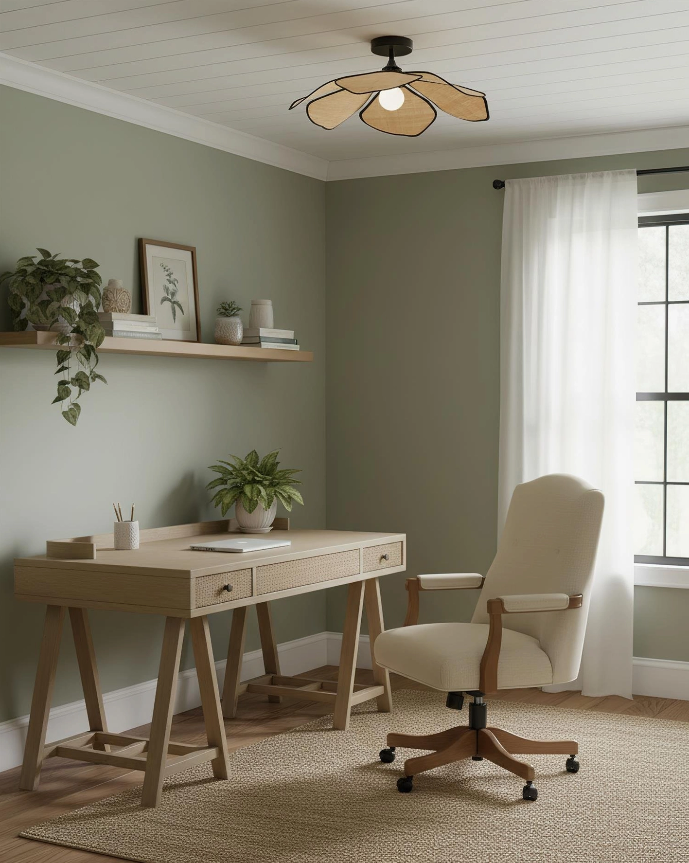 Raffia petal semi-flush ceiling light installed with soft warm illumination in residential bedroom setting with natural design elements