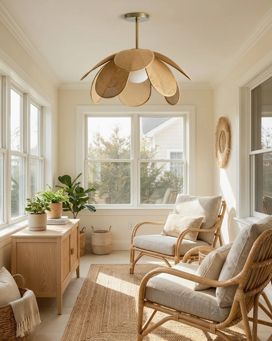 Rafflora semi-flush mount providing warm ambient lighting in sitting area with rattan chairs and natural décor, cane petal design casting organic shadows