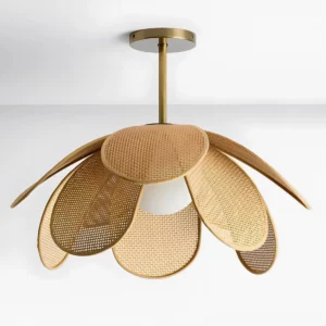 Rafflora semi-flush mount ceiling fixture with handwoven rattan petals and warm brass canopy, side angle showing layered petal structure