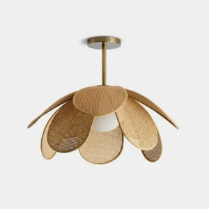 Rafflora woven rattan flower flush mount ceiling light with brass frame and opal glass diffuser, front overhead view showing open petal design