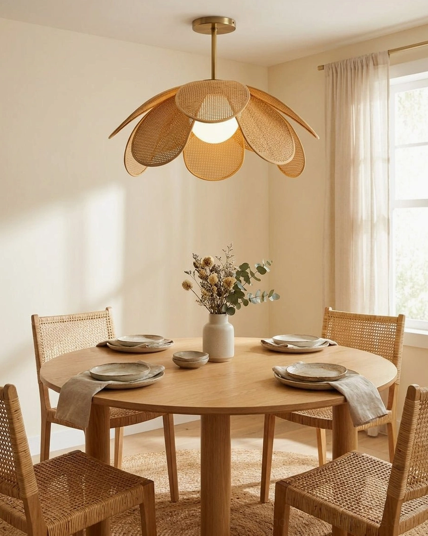 Rafflora rattan flower ceiling light installed in dining room above wooden table, warm ambient light with shadow pattern on ceiling