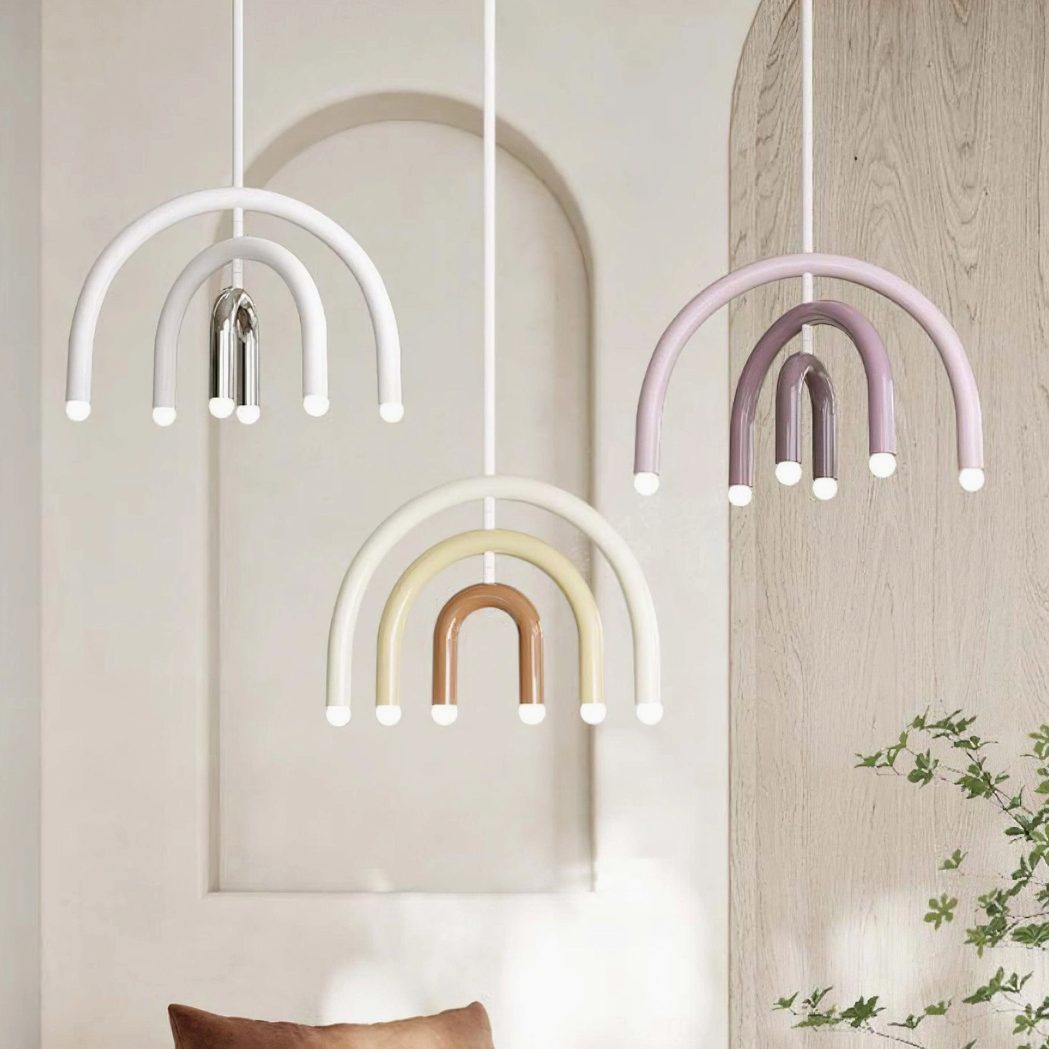 Rainbow arc pendant lamp color variants purple chrome dark blue brown displayed together