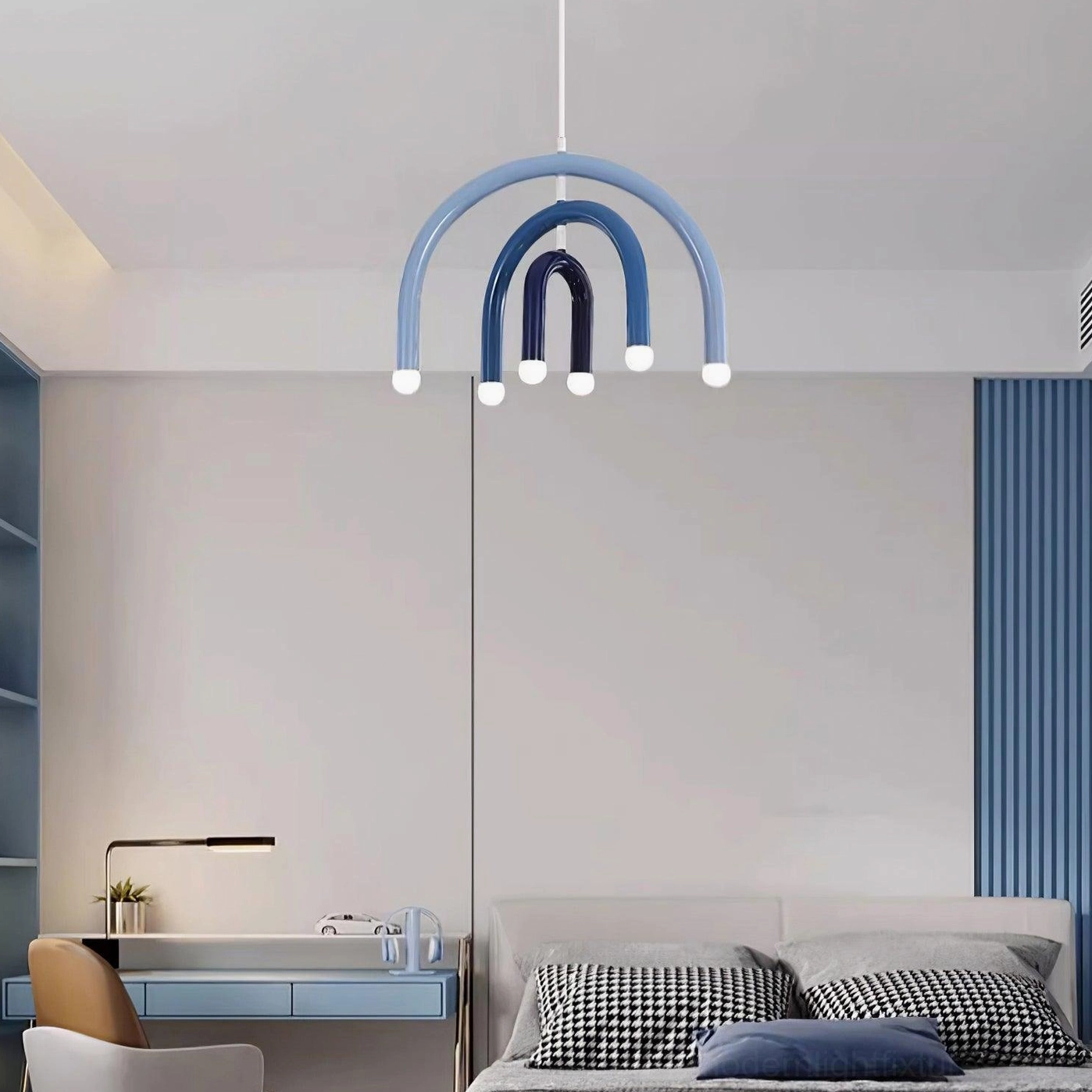 Rainbow arc pendant lamp installed in contemporary bedroom above study desk with modern decor