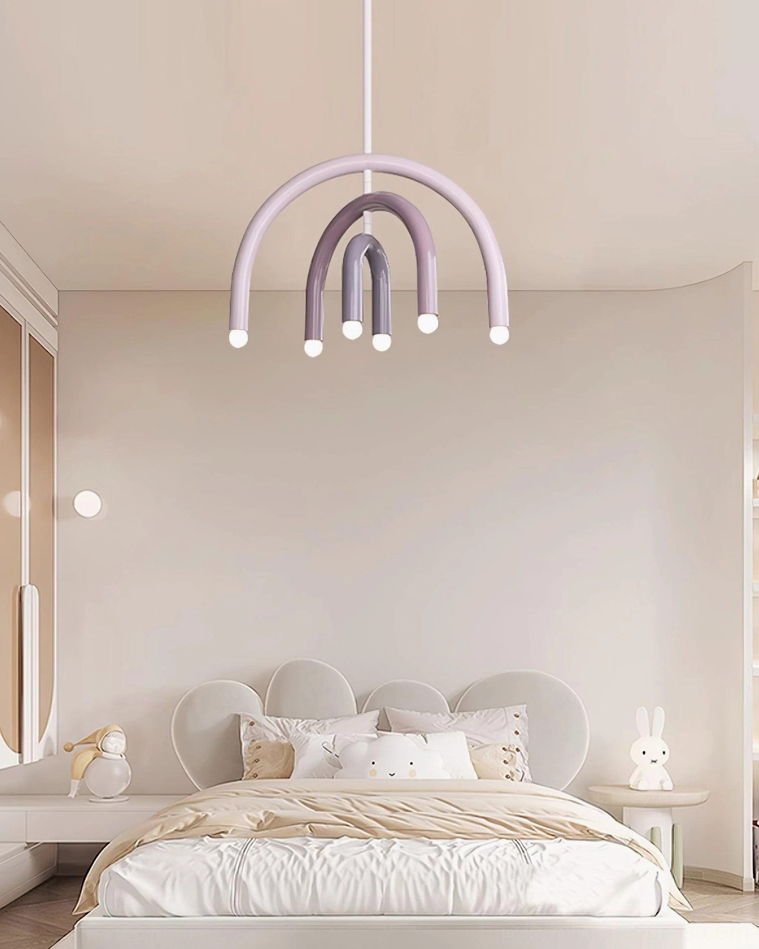 Rainbow arc pendant light fixture overhead view in contemporary living space