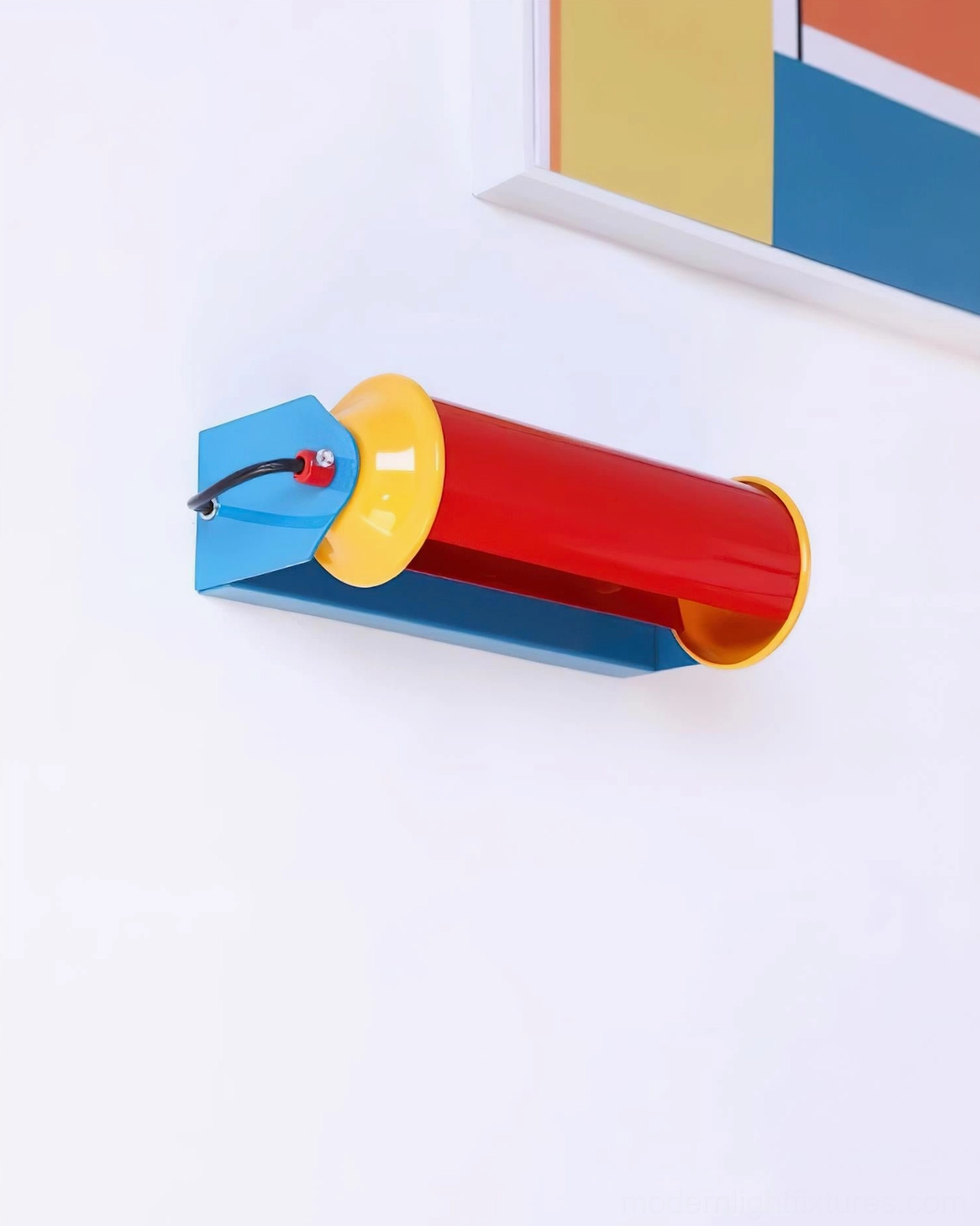 Contemporary blue and red arc wall sconce variant showing color combination and sculptural design from studio perspective