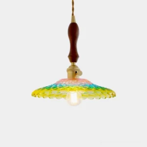 Rainbowa hand-blown glass pendant light with multicolor gradient shade, walnut wood handle, and brass hardware - front studio view
