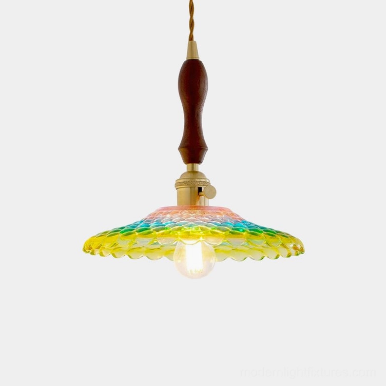 Rainbowa hand-blown glass pendant light with multicolor gradient shade, walnut wood handle, and brass hardware - front studio view