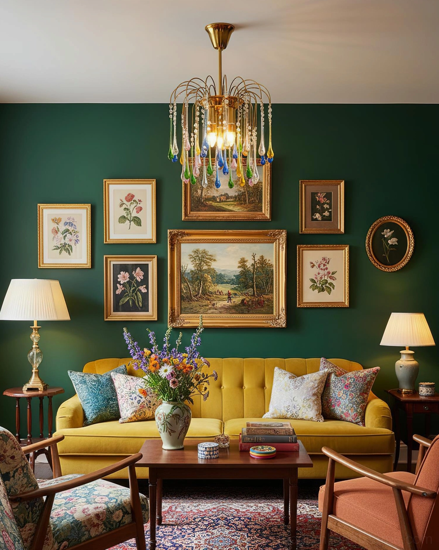 Rainlight handblown glass chandelier installed in vintage bohemian living room with green walls and gallery art