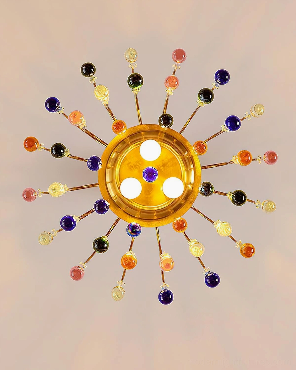 Rainlight sunburst style brass ceiling light with multicolor round and teardrop crystal bead accents