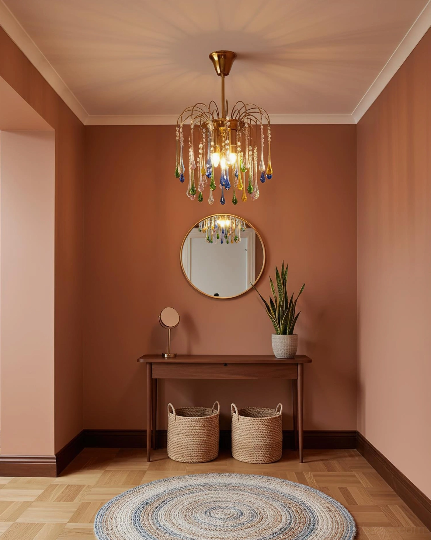 Rainlight handblown crystal chandelier room ambiance showcase with dimmed lighting and soft illumination
