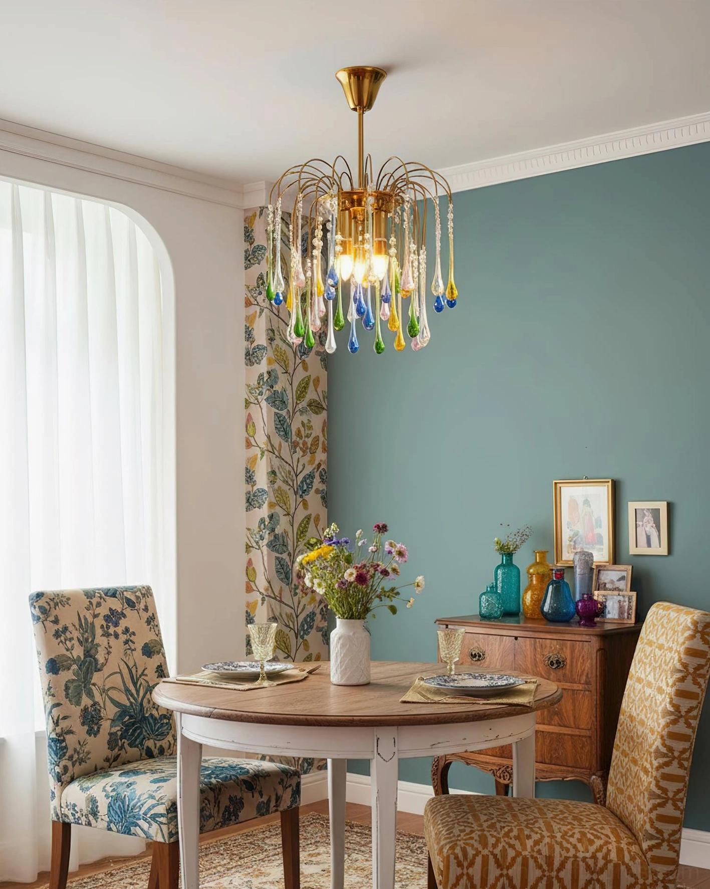 Rainlight handblown glass chandelier in upscale foyer with high ceiling and refined decor elements