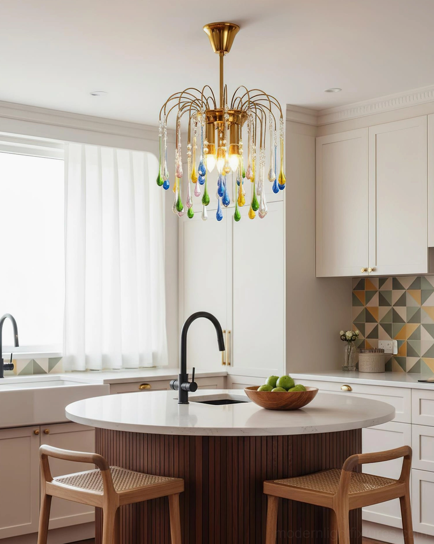 Rainlight crystal pendant light fixture color detail showing amber green blue rose multicolor glass tones
