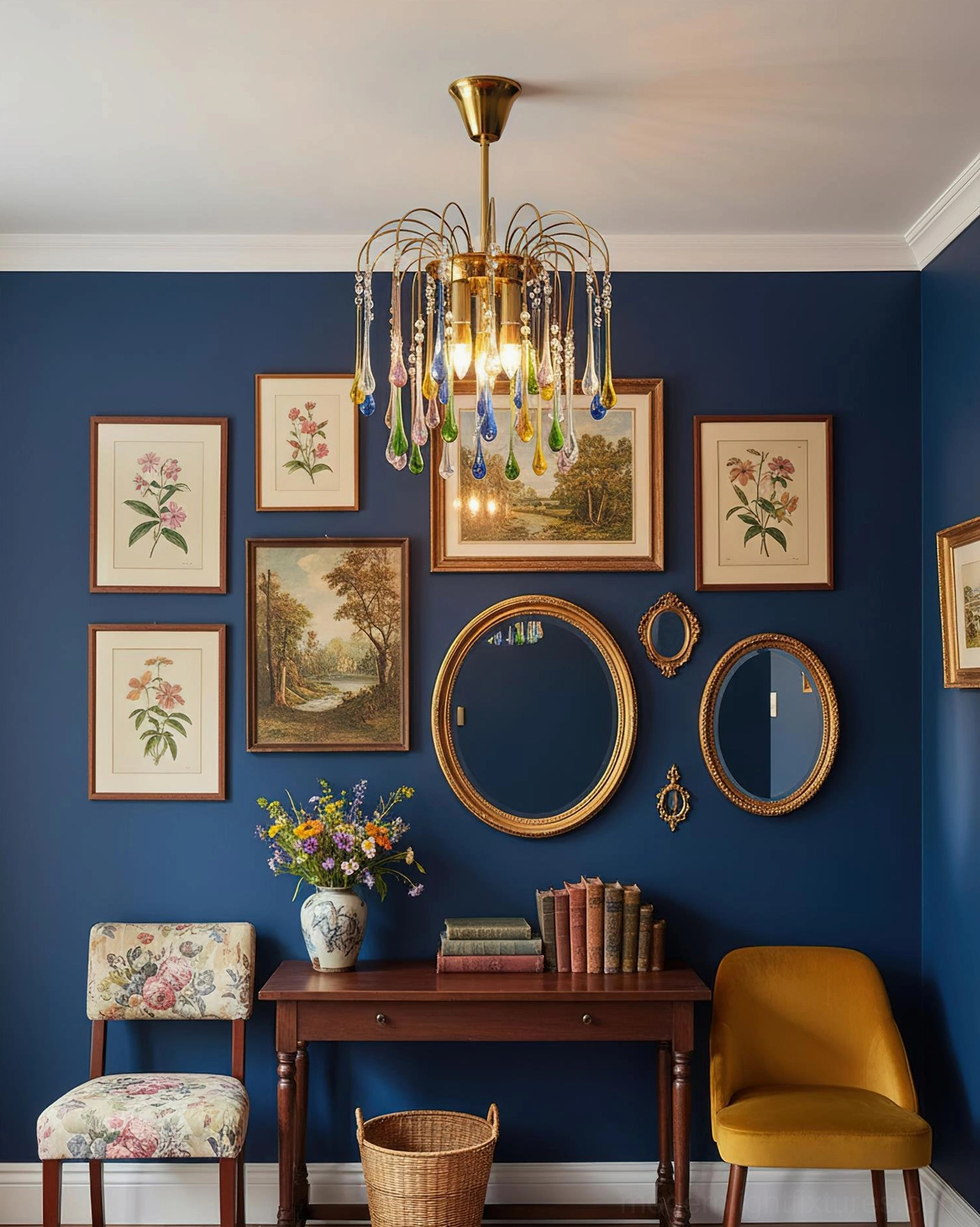 Rainlight handblown crystal chandelier in retro study room with dark blue walls and gallery wall decor